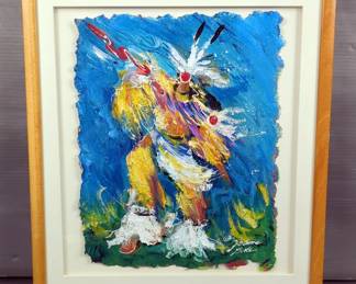 JoAnne Bird (Souix American) Original Acrylic Painting, Depicts Ceremonial Tribal Dancer, Framed And Matted Under Glass, 19.25" x 17.25"