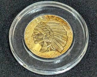 24k Gold Plated Coins Including, Fantasy Issue Reproduction 1849 Liberty Head $20 Double Eagle Coin, Replica 1929 Indian Head Half Eagle Coin, And Commemorative 1838-C Classic Head Half Eagle Gold Rush Coin