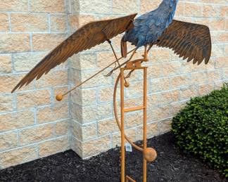 Rustic Metal Flying Blue Heron Rocking Lawn Stake, Approx 87"