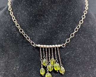 Silver Fringe Necklace With Cascading Green Stones, 15"