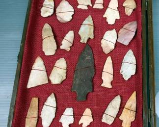 Stone Arrowheads In Glass Topped Display Box, 14" x 10.5" 