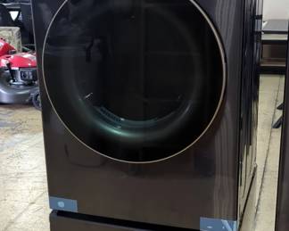  LG Ultra Large Capacity Smart Front Load Electric Dryer, In Black Steel, 7.4 cu. ft., Including Pedestal, Model WDP6B, 52.5" x 27" x 29.75, Powers On, Purchased 2024 