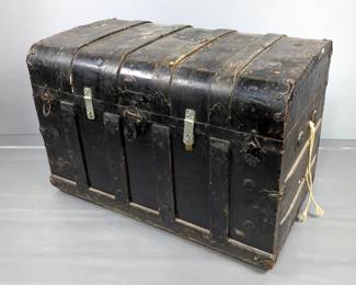 Steamer Trunk With Hinged Lid And Metal Accents