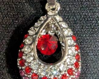 ear Drop Pendant With Center Stone And Rows Of Clear, Pink And Red Rhinestones 