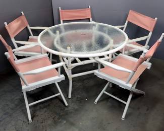 Round Glass Top Patio Table, 28" x 43", And Director Chairs, Qty 5, 33" x 24" x 16"