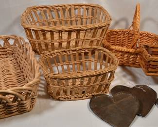 Assortment of wicker baskets, rustic metal heart trinket dishes