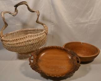 Decorative wooden basket, Swiss carved wood music box bowl, hand-turned Munising dough bowl