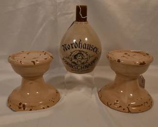 Decorative candlesticks, vintage stoneware bottle
