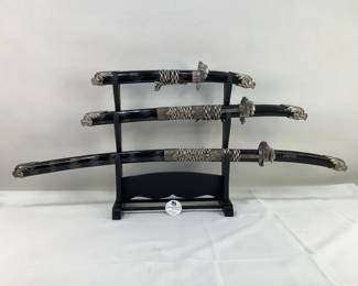 Three Samurai Swords & Display Case