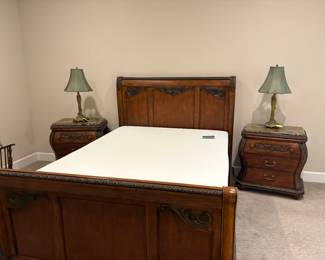 Queen bed frame, mattress and box spring, 2 nightstands