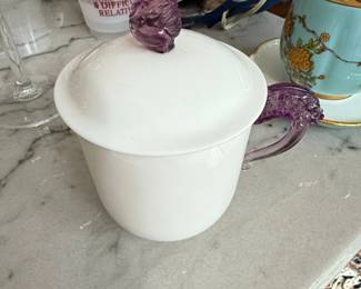 White Porcelain Tea Cup with Purple Glass Handle and Lid Cuntin Hall