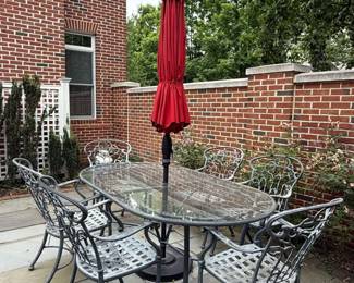 Oval Cast Aluminum Patio Dining Set with Chairs and Umbrella second image