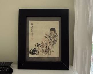 Chinese Ink Painting of a Boy and Dog