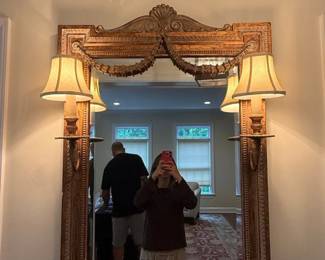 Ornate Gilt Wood Wall Mirror with Sconces  French Provincial Style third image