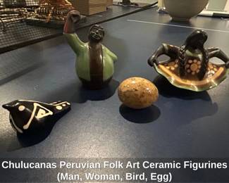 Chulucanas Peruvian Folk Art Ceramic Figurines Man, Woman, Bird, Egg