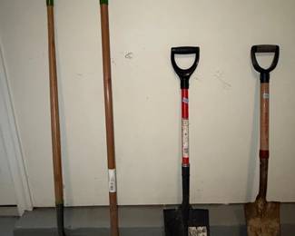 Assorted Garden Tools Ames Shovel, True Temper Fork, Ergo Grip Shovel, and Spade