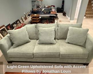 Light Green Upholstered Sofa with Accent Pillows by Jonathan Louis fifth image