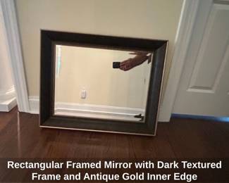Rectangular Framed Mirror with Dark Textured Frame and Antique Gold Inner Edge