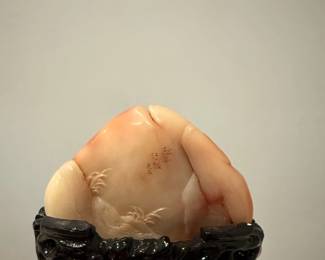 Chinese Shoushan Stone Carving with Landscape Scene and Wooden Stand third image