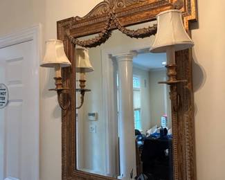 Ornate Gilt Wood Wall Mirror with Sconces  French Provincial Style