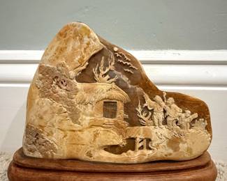 Carved Shoushan Stone Scholars Rock with Wooden Stand second image