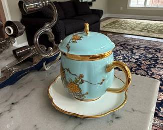 Auratic Lady Turquioa Porcelain Tea Cup and Saucer with Lid