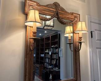 Ornate Gilt Wood Wall Mirror with Sconces  French Provincial Style fourth image