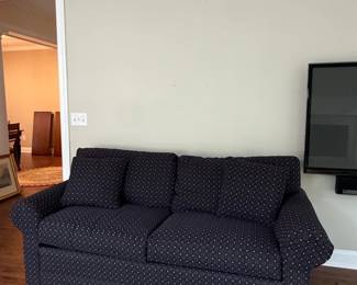 Blue Upholstered Sofa with Small Dot Pattern second image