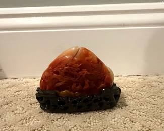 Chinese Shoushan Stone Carving with Landscape Scene and Wooden Stand