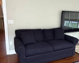 Blue Upholstered Sofa with Small Dot Pattern third image