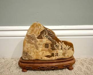 Carved Shoushan Stone Scholars Rock with Wooden Stand