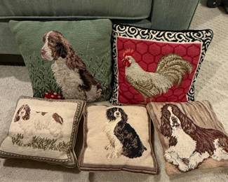 Set of Needlepoint Decorative Pillows with Dog and Rooster Motifs