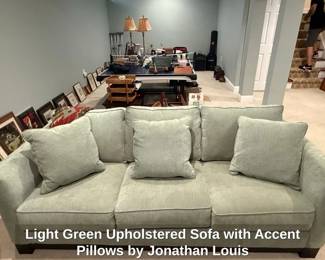 Light Green Upholstered Sofa with Accent Pillows by Jonathan Louis fourth image