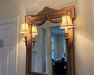 Ornate Gilt Wood Wall Mirror with Sconces  French Provincial Style second image