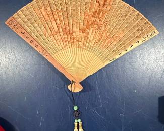 Vintage Chinese Sandalwood Folding Fan with Tassel