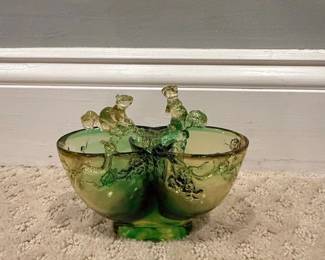 Art Glass Double Handled Bowl with Squirrels, possibly Blenko