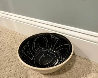 HandPainted Ceramic Bowl with Abstract Design and Bird Motif