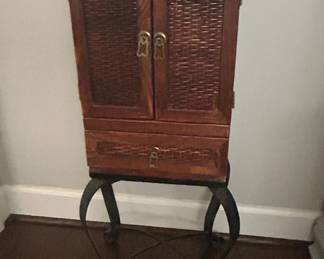 Wood and  Rattan Cabinet on Stand