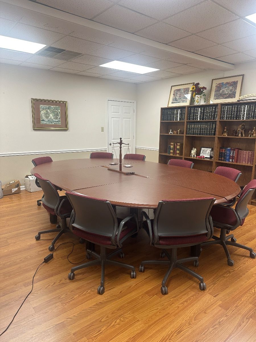 #1	Large Conference- Table (adjustable by sections)  comes apart for disassembly w/9 Chairs on Wheels - 84"Wx42 expands to 84"Wx 125Lx29" Tall	 $500.00 