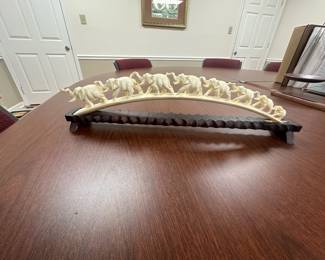 #11	Vtg. Family of 8 Elephants Parade on Bridge Carved Resin Sculpture on Wood 	 $25.00 