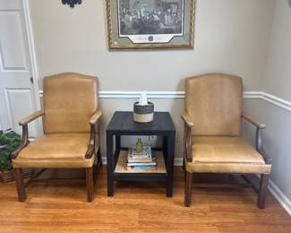 #25	Tan Leather Office Chairs w/nailhead trim - sold as a pair (as is small wear)	 $75.00 