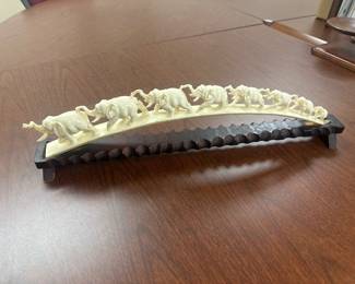 #11	Vtg. Family of 8 Elephants Parade on Bridge Carved Resin Sculpture on Wood 	 $25.00 