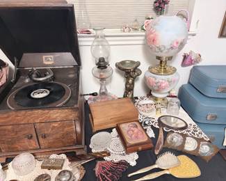 vintage gramophone, music boxes, vintage mirrors and brushes, doilies, tin types