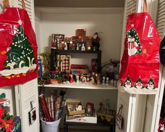 Vintage aprons, vintage ornaments and wrapping paper