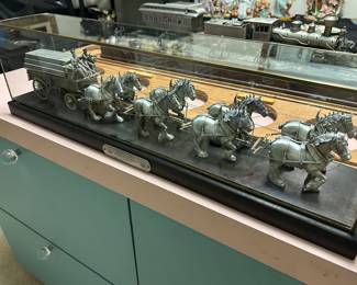 Chilmark 1981 pewter with gold accents Budweiser Clydesdales. Brass and glass case, numbered.