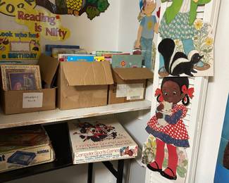 Many children’s books! Vintage classroom decor