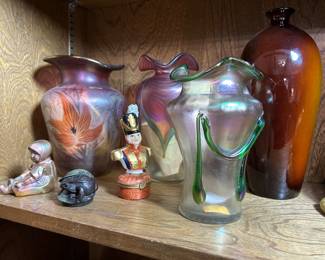 Art glass & art pottery: St. Petersburg, Zsolnay (Hungary), Steuben, Italian studio glass, signed studio glass, early Roseville pottery (stamped, incised)