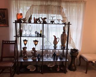 Rookwood, Hull, art glass, Stangl, Fulper, mid-century shelving unit