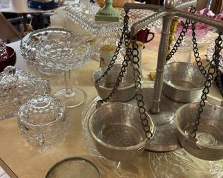 Fostoria American cake stand & assorted Fostoria pieces; mid-century treat tray w/ Pyrex liners