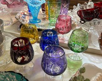 Cut to clear Bohemian crystal barware, Fenton glass, serving trays